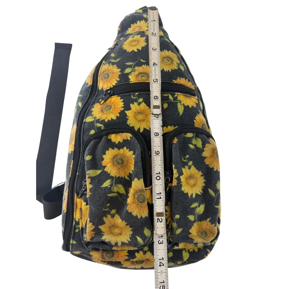 Sunflower Canvas Sling Backpack Black Yellow Floral Crossbody Shoulder Bag